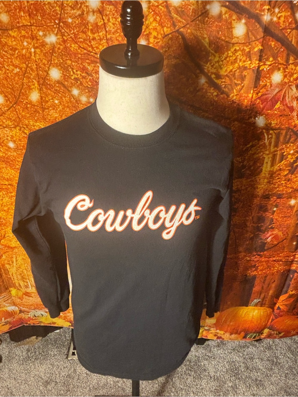 Gildan Black Long-Sleeve Tee with Orange 'Cowboys' Script